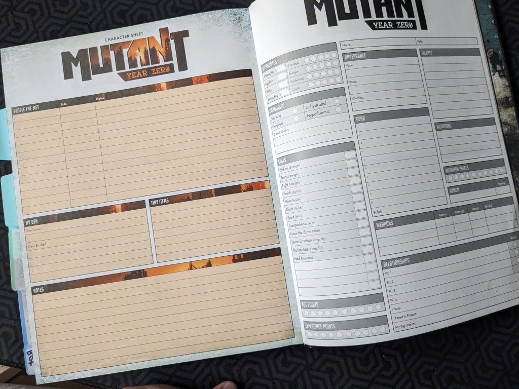 The character sheet inside the Mutant Year Zero Rulebook