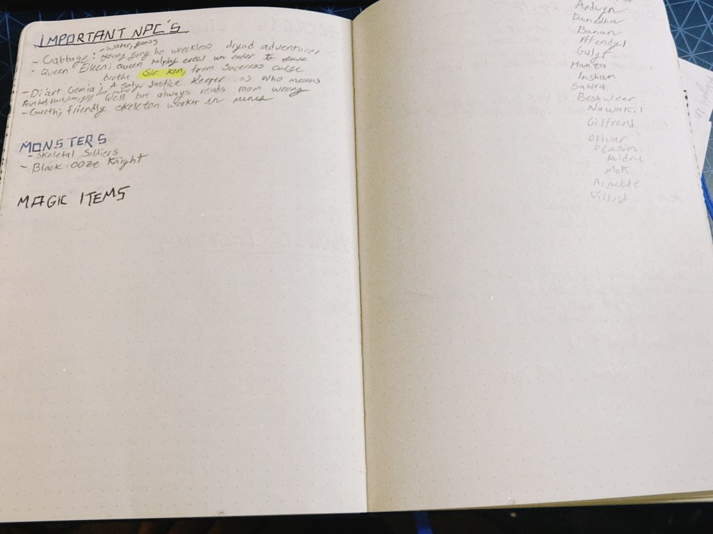 Picture of my prep notes
Important NPCs
and Names to use